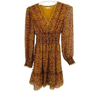 MAX STUDIO Yellow Paisley Print Smocked Waist Bohemian Long Sleeve Dress Small